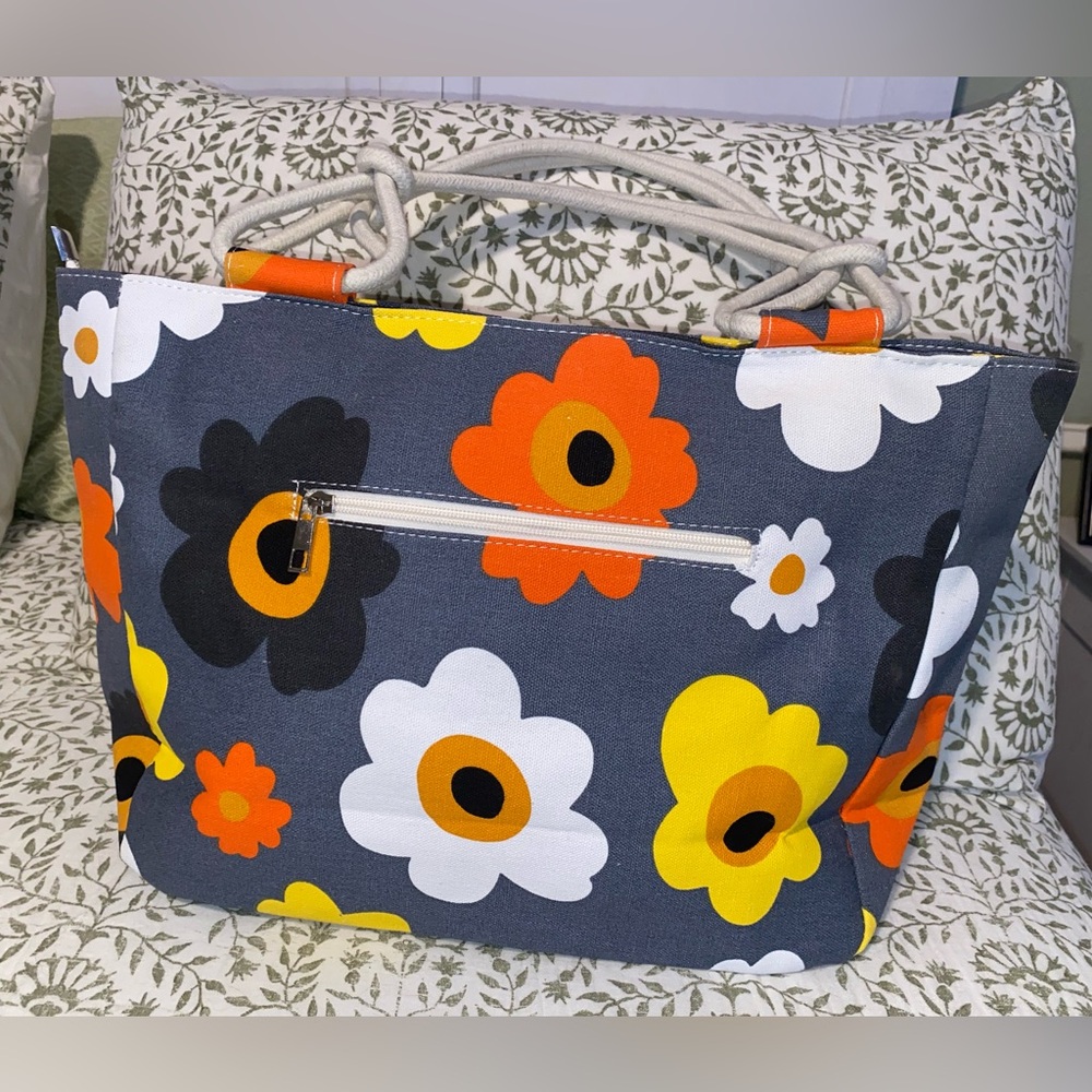 Summer‎ Blooms Floral Canvas Tote Bag - Gray, White, Orange, Yellow